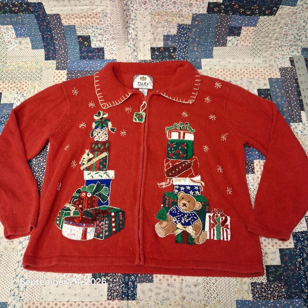 Y2K Vintage Tiara International 2002 Christmas Bear Zip Cardigan Sweater Large